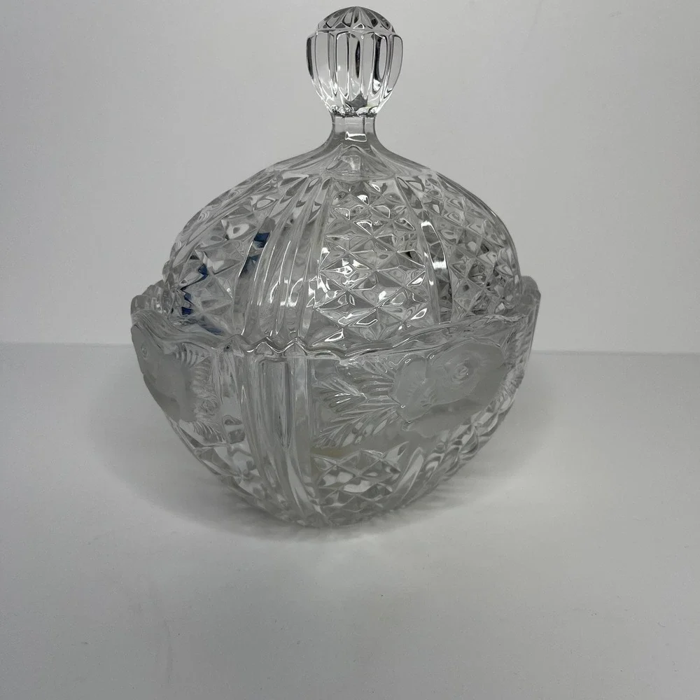 24% Crystal‎ Vintage Oval Candy Dish w/ Lid Glass Etched West Germany Floral